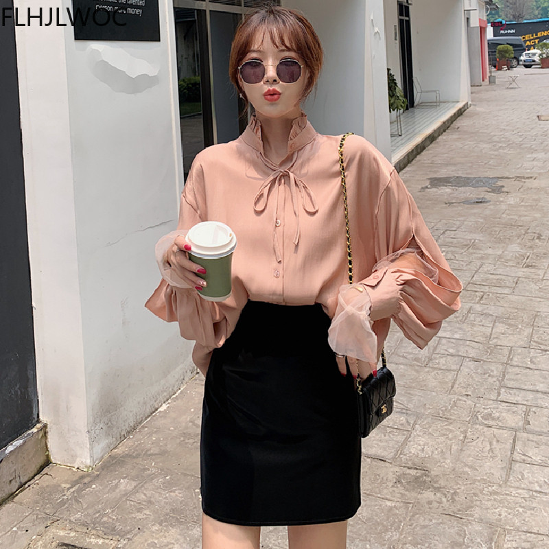 Bluze de top Korea Chic Femei Moda Femei Patchwork Sexy din plasă transparentă Elegantă Office Lady Blue Bluză de cămașă cu nasturi la un singur piept