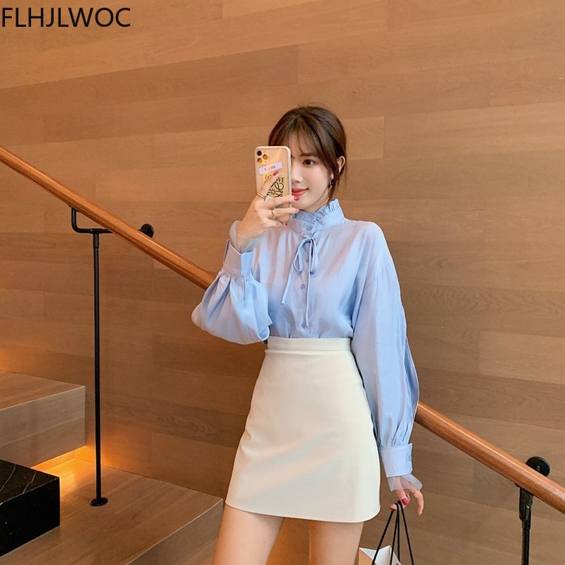 Bluze de top Korea Chic Femei Moda Femei Patchwork Sexy din plasă transparentă Elegantă Office Lady Blue Bluză de cămașă cu nasturi la un singur piept