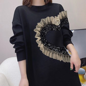 Μαύρο ιδιοσυγκρασία που μειώνει την ηλικία Διχτυωτές ραφές Φαρδύ σχέδιο Φόρεμα European Station 2023 Φθινόπωρο με μακρύ μανίκι O λαιμό Γυναικείο φόρεμα