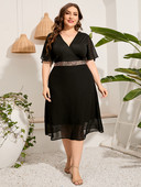 Γυναικείο φόρεμα 5XL Plus Size Casual 2022 Καλοκαιρινό γυναικείο λαιμό V λαιμόκοψη κοντό μανίκι με παγιέτες μέση Μαύρα μακριά φορέματα