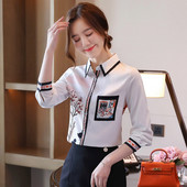 Φθινοπωρινό νέο εμπριμέ πουκάμισο με σχέδιο γυναικείας ραφής γαλλικό μακρυμάνικο ταμπεραμέντο φαρδιά και λεπτή μπλούζα με γιακά POLO