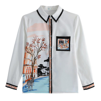 Φθινοπωρινό νέο εμπριμέ πουκάμισο με σχέδιο γυναικείας ραφής γαλλικό μακρυμάνικο ταμπεραμέντο φαρδιά και λεπτή μπλούζα με γιακά POLO