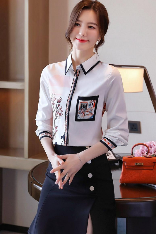 Φθινοπωρινό νέο εμπριμέ πουκάμισο με σχέδιο γυναικείας ραφής γαλλικό μακρυμάνικο ταμπεραμέντο φαρδιά και λεπτή μπλούζα με γιακά POLO