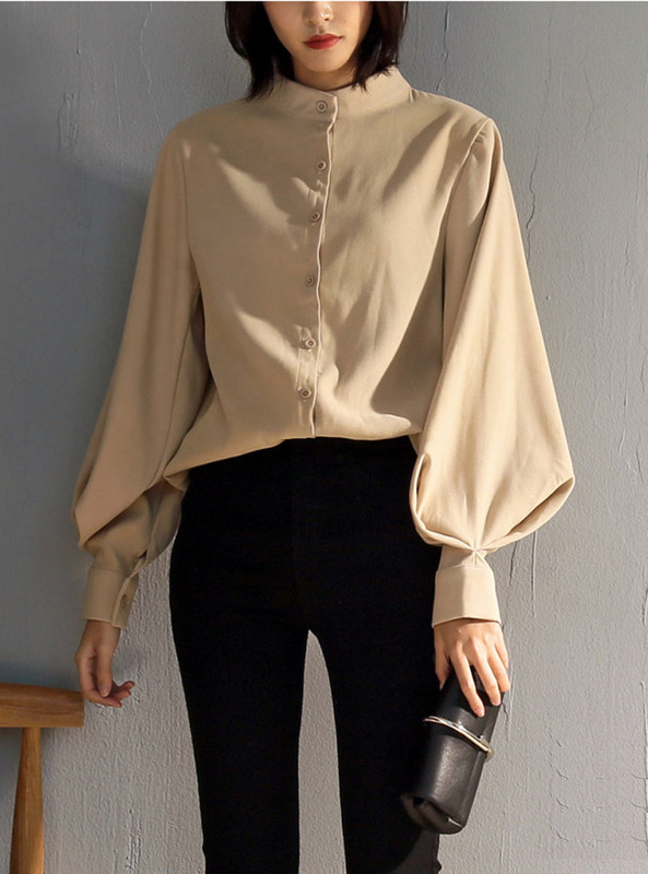 Vintažiniai marškiniai su rankovėmis Moteriški madingi permatomi rausvo chaki spalvos viršutiniai temperamento moteriški retro stiliaus apykaklės, moteriškos palaidinės