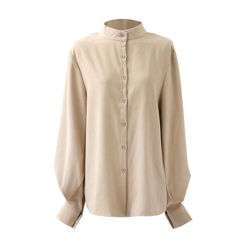 Vintažiniai marškiniai su rankovėmis Moteriški madingi permatomi rausvo chaki spalvos viršutiniai temperamento moteriški retro stiliaus apykaklės, moteriškos palaidinės