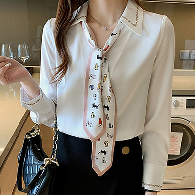 Ανοιξιάτικη φθινοπωρινή γυναικεία μπλούζα σιφόν πουκάμισο Γυναικεία ρούχα Χαριτωμένη γραβάτα μακρυμάνικο casual γυναικείο βασικό κορυφαίο πουκάμισο παντός αγώνα σε κορεατικό στυλ