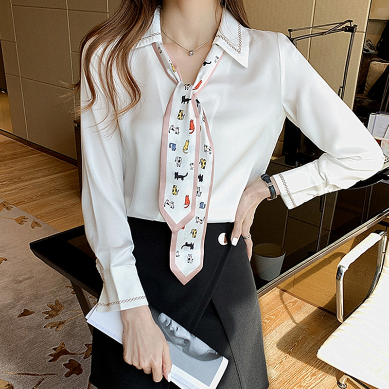Ανοιξιάτικη φθινοπωρινή γυναικεία μπλούζα σιφόν πουκάμισο Γυναικεία ρούχα Χαριτωμένη γραβάτα μακρυμάνικο casual γυναικείο βασικό κορυφαίο πουκάμισο παντός αγώνα σε κορεατικό στυλ
