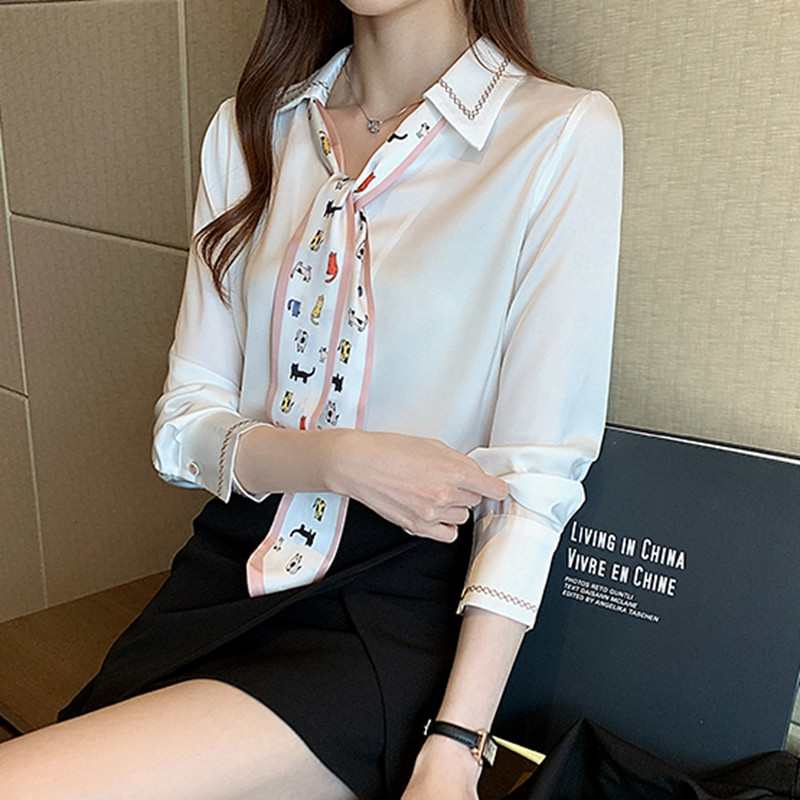 Ανοιξιάτικη φθινοπωρινή γυναικεία μπλούζα σιφόν πουκάμισο Γυναικεία ρούχα Χαριτωμένη γραβάτα μακρυμάνικο casual γυναικείο βασικό κορυφαίο πουκάμισο παντός αγώνα σε κορεατικό στυλ