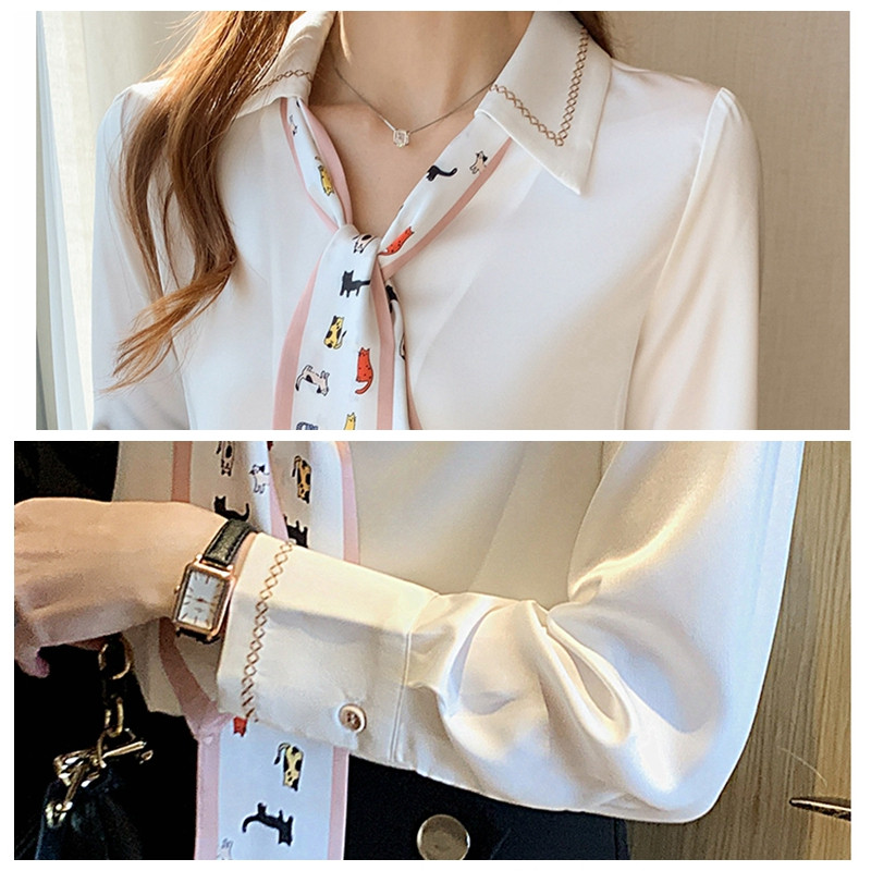 Ανοιξιάτικη φθινοπωρινή γυναικεία μπλούζα σιφόν πουκάμισο Γυναικεία ρούχα Χαριτωμένη γραβάτα μακρυμάνικο casual γυναικείο βασικό κορυφαίο πουκάμισο παντός αγώνα σε κορεατικό στυλ