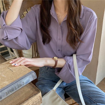 Klasikinė šifoninė palaidinė Moteriška laisvi ilgomis rankovėmis laisvalaikio marškiniai Moteriški paprasto stiliaus viršutiniai drabužiai Blusas kišeniniai palaidinės 209