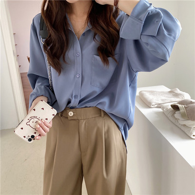 Κλασική μπλούζα σιφόν Γυναικεία φαρδιά μακρυμάνικα πουκάμισα casual γυναικεία μπλουζάκια απλού στυλ Ρούχα Μπλούζα με τσέπη 209