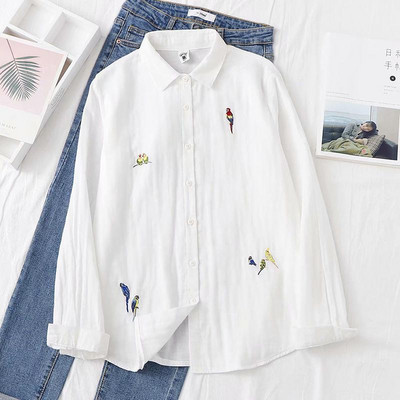 Pamučna ležerna košulja s otvorenim ovratnikom Ženske majice Proljeće Novi umjetnički stil Ženska bijela bluza dugih rukava s vezom 100 %