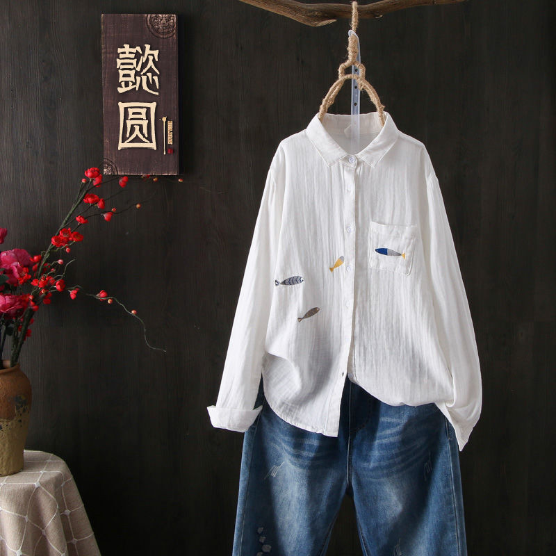 Pamučna ležerna košulja s otvorenim ovratnikom Ženske majice Proljeće Novi umjetnički stil Ženska bijela bluza dugih rukava s vezom 100 %