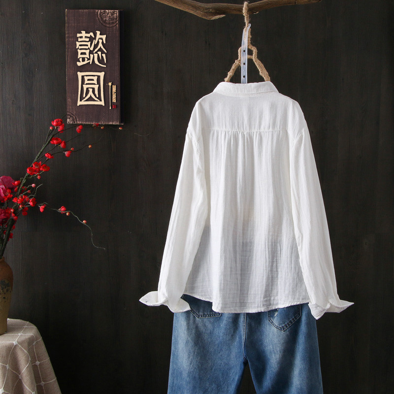 Pamučna ležerna košulja s otvorenim ovratnikom Ženske majice Proljeće Novi umjetnički stil Ženska bijela bluza dugih rukava s vezom 100 %