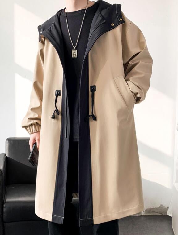 Muški trenčkot odgovarajuće boje Streetwear Duga jakna Muška vjetrovka Kaput s kapuljačom