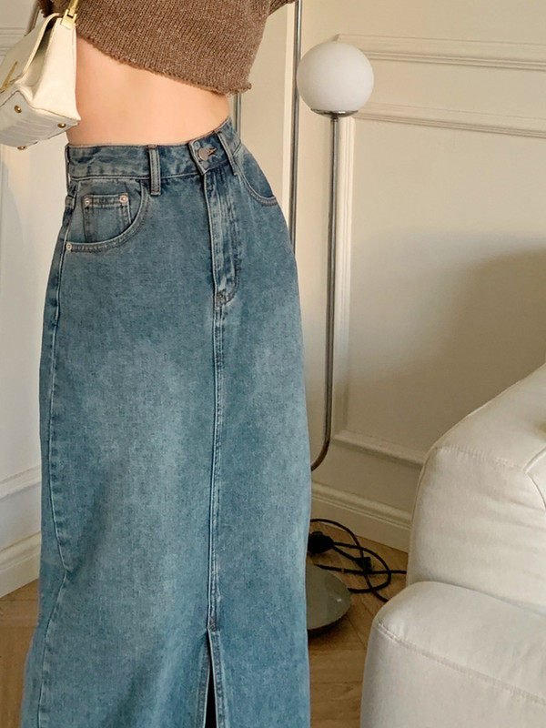 ReddaChic Fusta de blugi înaltă prietenoasă cu fetele Maxi cu deschidere frontală Fete coreene Elegantă Casual Uniformă Fusta lungă de blugi Plus Size