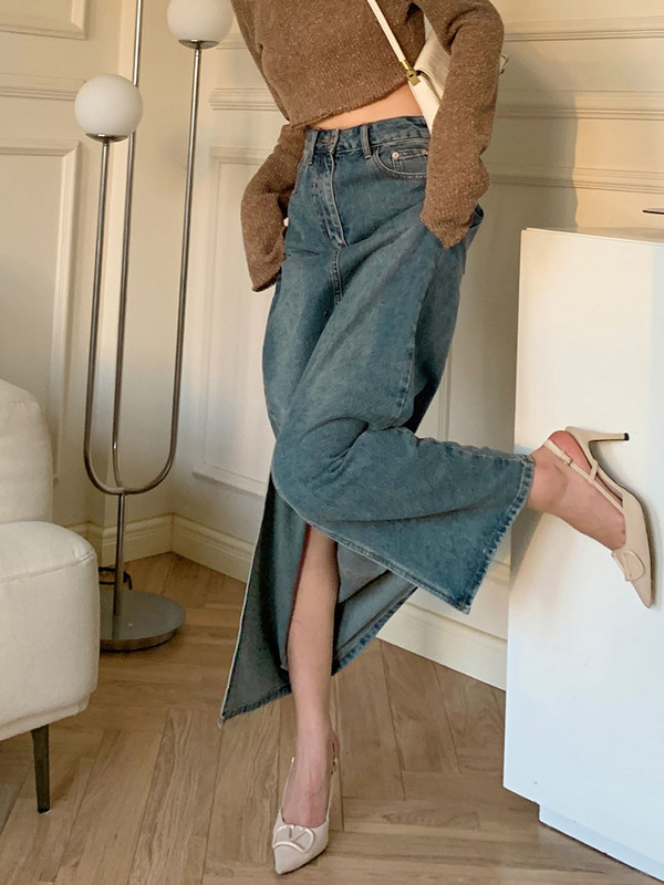 ReddaChic Fusta de blugi înaltă prietenoasă cu fetele Maxi cu deschidere frontală Fete coreene Elegantă Casual Uniformă Fusta lungă de blugi Plus Size