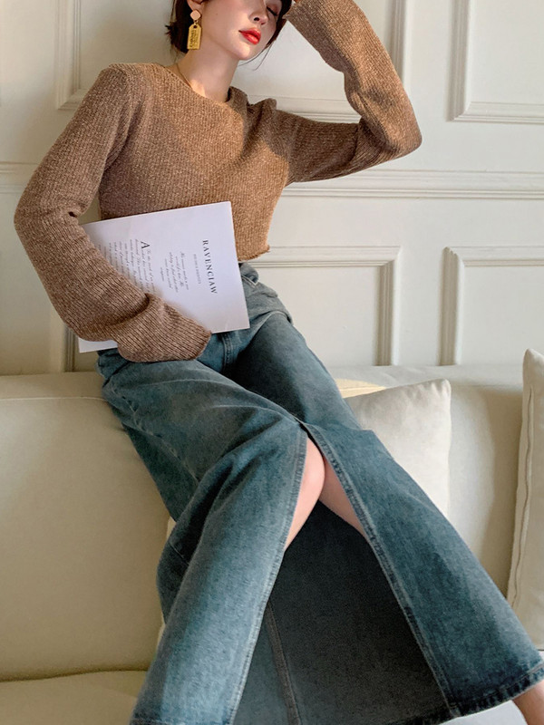 ReddaChic Fusta de blugi înaltă prietenoasă cu fetele Maxi cu deschidere frontală Fete coreene Elegantă Casual Uniformă Fusta lungă de blugi Plus Size