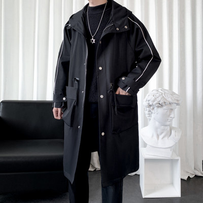 Trenci lung în dungi de primăvară, toamnă, pentru bărbați, la modă, cu glugă, pardesiu negru/verde, ocazional, jachete cu buzunar mare