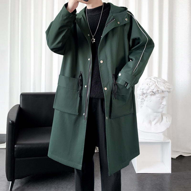 Trenci lung în dungi de primăvară, toamnă, pentru bărbați, la modă, cu glugă, pardesiu negru/verde, ocazional, jachete cu buzunar mare