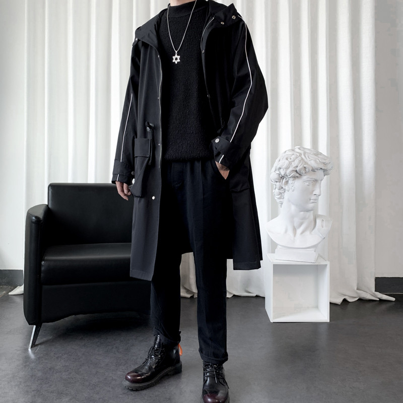 Trenci lung în dungi de primăvară, toamnă, pentru bărbați, la modă, cu glugă, pardesiu negru/verde, ocazional, jachete cu buzunar mare