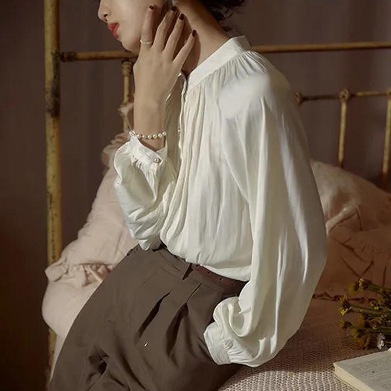 JuneRain de primăvară pentru femei, solidă, elegantă, slăbită, bluză pentru femei, cu decolteu O, vintage, cu mâneci lungi, cu mâneci lungi, top, cămăși cu mânecă lanternă, la modă