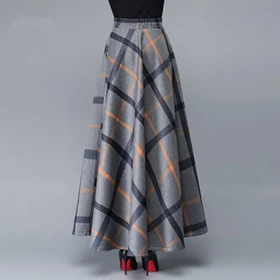 Elegantne karirane duge suknje od tvida velike veličine za žene Jesen Zima Elastična suknja visokog struka A kroja Ležerne široke suknje Ulična odjeća
