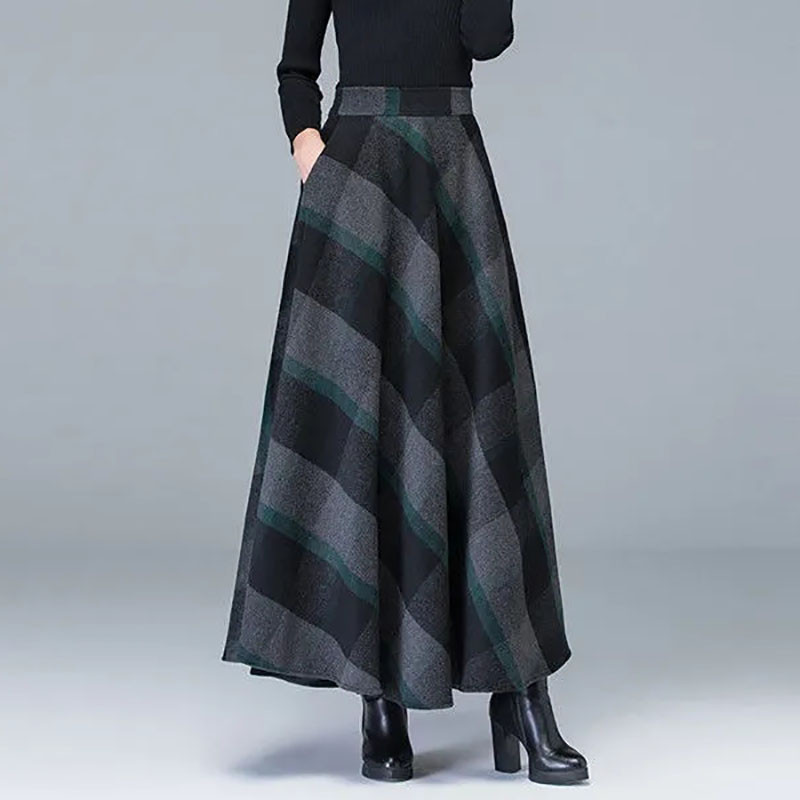 Elegantne karirane duge suknje od tvida velike veličine za žene Jesen Zima Elastična suknja visokog struka A kroja Ležerne široke suknje Ulična odjeća