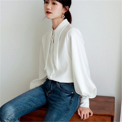 Νέα άφιξη Γυναικεία vintage μασίφ μπλούζα παπιγιόν Φανάρι μανίκι πουκάμισο με κουμπί επάνω Loose Office Lady Top Feminina Blusas PZ2743