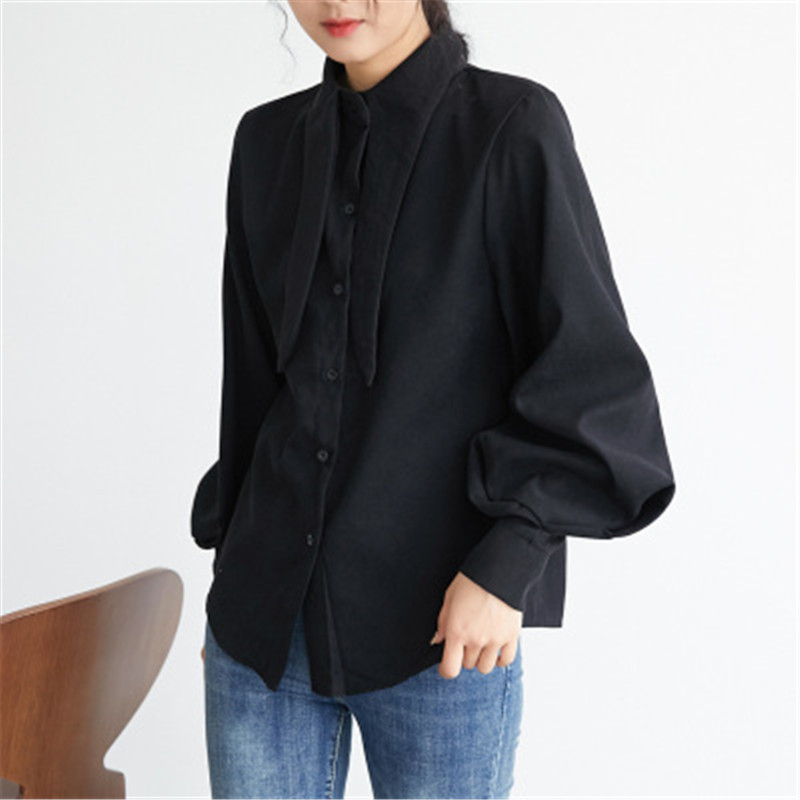 Νέα άφιξη Γυναικεία vintage μασίφ μπλούζα παπιγιόν Φανάρι μανίκι πουκάμισο με κουμπί επάνω Loose Office Lady Top Feminina Blusas PZ2743