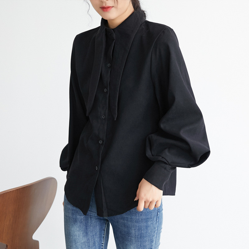 Νέα άφιξη Γυναικεία vintage μασίφ μπλούζα παπιγιόν Φανάρι μανίκι πουκάμισο με κουμπί επάνω Loose Office Lady Top Feminina Blusas PZ2743