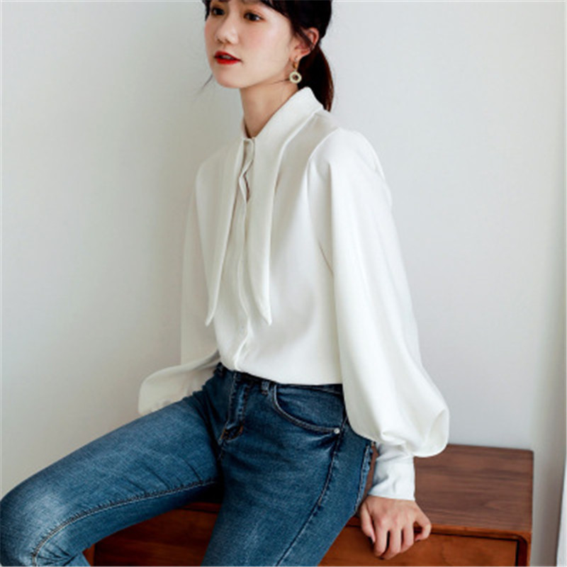 Νέα άφιξη Γυναικεία vintage μασίφ μπλούζα παπιγιόν Φανάρι μανίκι πουκάμισο με κουμπί επάνω Loose Office Lady Top Feminina Blusas PZ2743