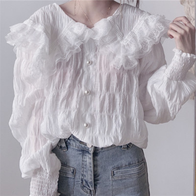 Bluză de modă dulce pentru femei, cu mâneci bufante, elegante, din dantelă, din plasă, pentru fete, în stil Lolita, cămăși din șifon cu guler Peter Pan Blusas Mujer