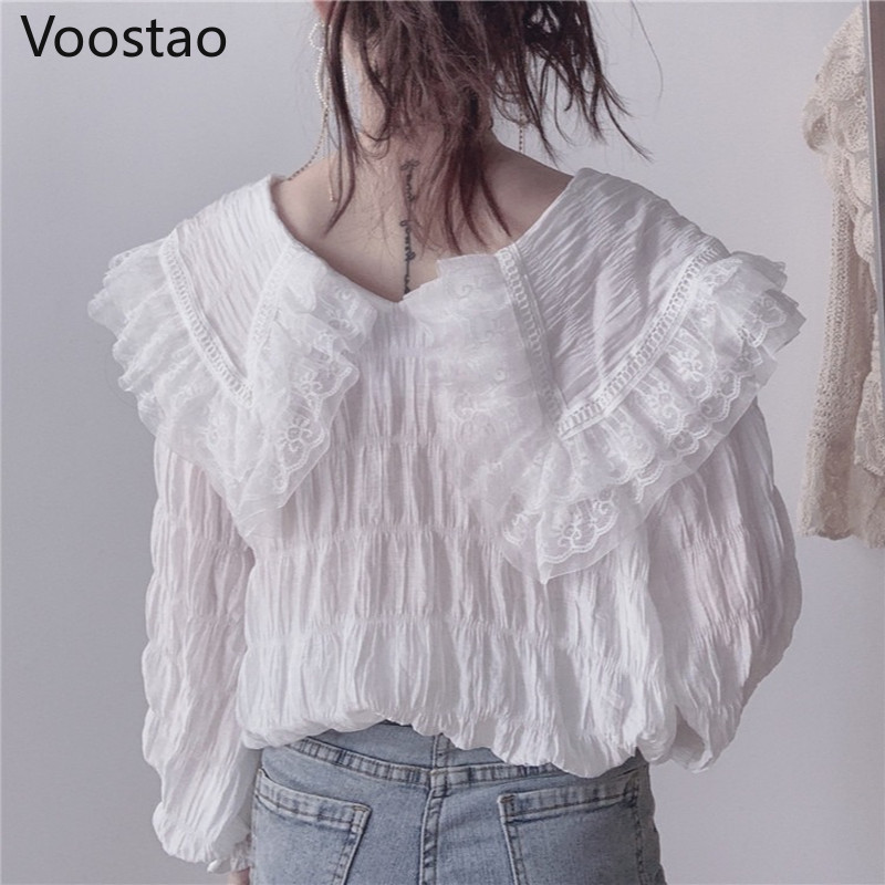 Bluză de modă dulce pentru femei, cu mâneci bufante, elegante, din dantelă, din plasă, pentru fete, în stil Lolita, cămăși din șifon cu guler Peter Pan Blusas Mujer