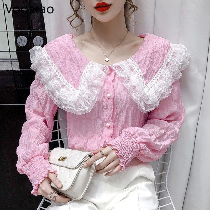 Bluză de modă dulce pentru femei, cu mâneci bufante, elegante, din dantelă, din plasă, pentru fete, în stil Lolita, cămăși din șifon cu guler Peter Pan Blusas Mujer