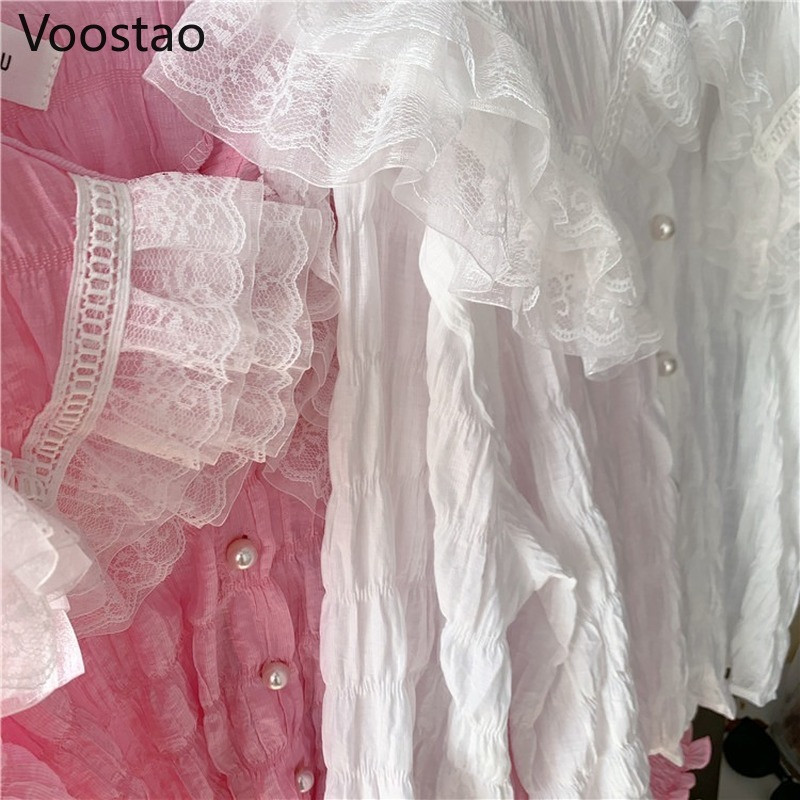 Bluză de modă dulce pentru femei, cu mâneci bufante, elegante, din dantelă, din plasă, pentru fete, în stil Lolita, cămăși din șifon cu guler Peter Pan Blusas Mujer
