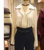 Νέο σχέδιο γυναικεία κορεατική μόδα γυριστό γιακά μαύρο λευκό χρώμα μπλοκ σιφόν μακρυμάνικη μπλούζα μπλούζα