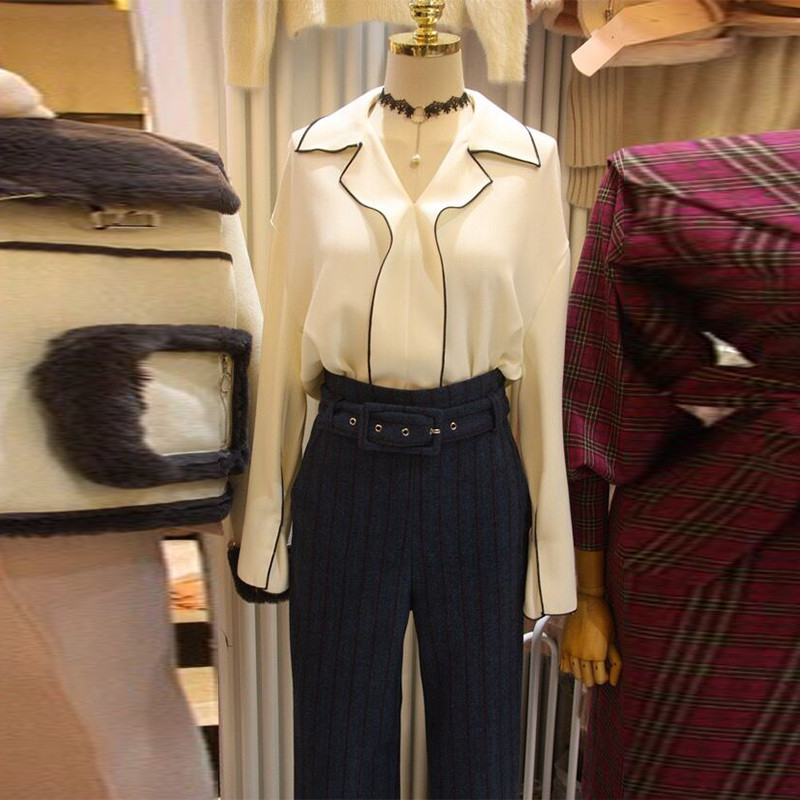 Νέο σχέδιο γυναικεία κορεατική μόδα γυριστό γιακά μαύρο λευκό χρώμα μπλοκ σιφόν μακρυμάνικη μπλούζα μπλούζα