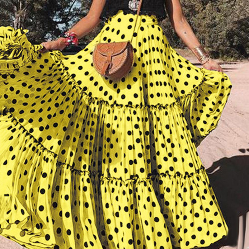 Fusta cu talie înaltă cu buline Volans Nou Sosire Vară Femei Plus Size Volanat A Linie Leagăn Maxi En-gros Dropshipping