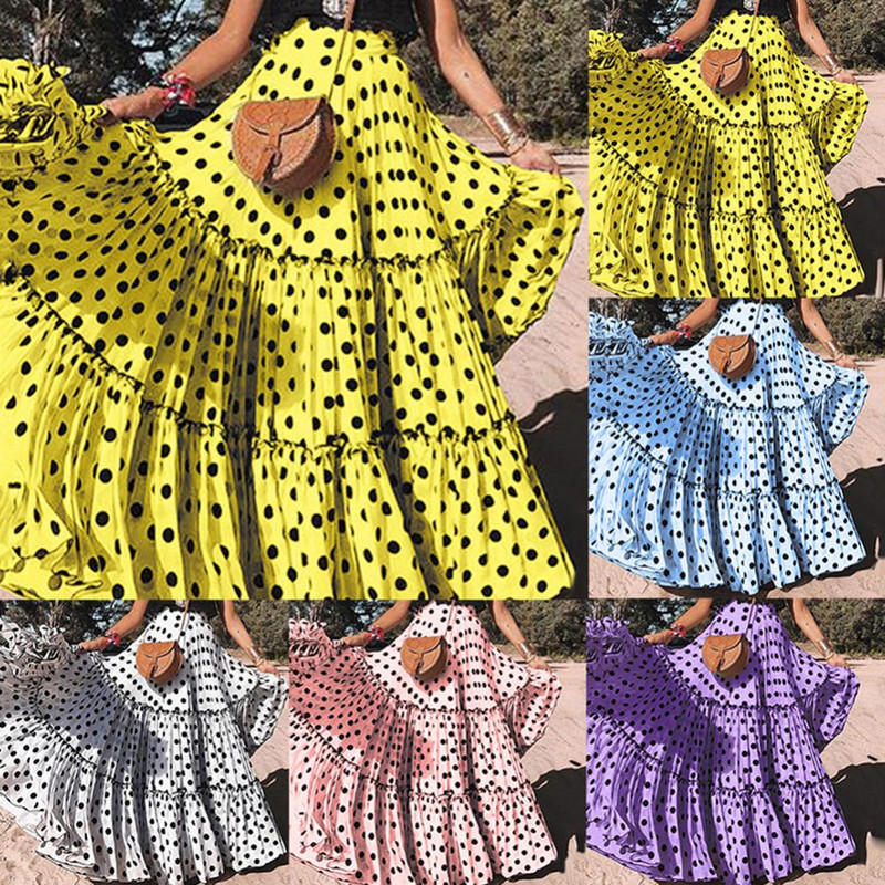 Fusta cu talie înaltă cu buline Volans Nou Sosire Vară Femei Plus Size Volanat A Linie Leagăn Maxi En-gros Dropshipping