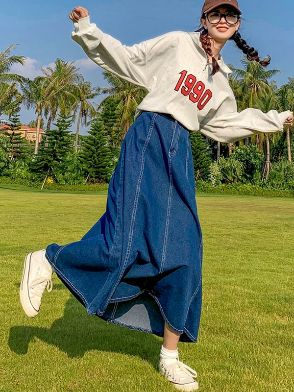 Maxi duge suknje Žene Proljeće Ljeto Ležerna jeans suknja visokog struka Ženska traper suknja A-kroja s volanima Plus veličina 5XL 6XL