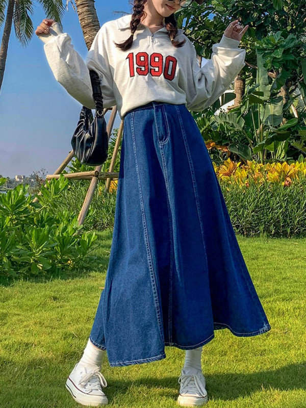 Maxi duge suknje Žene Proljeće Ljeto Ležerna jeans suknja visokog struka Ženska traper suknja A-kroja s volanima Plus veličina 5XL 6XL