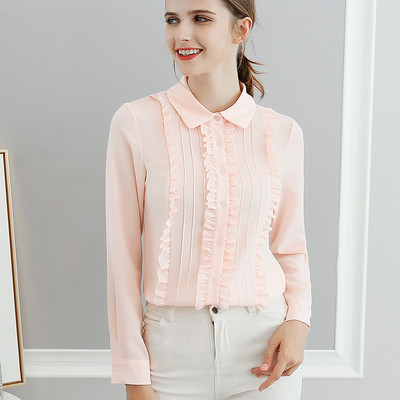 Nauji ilgomis rankovėmis šifoniniai marškinėliai moteriški plonos grynos spalvos pavasario vasaros palaidinė Moteriška apykaklė, madinga, saldi viršūnė H9116