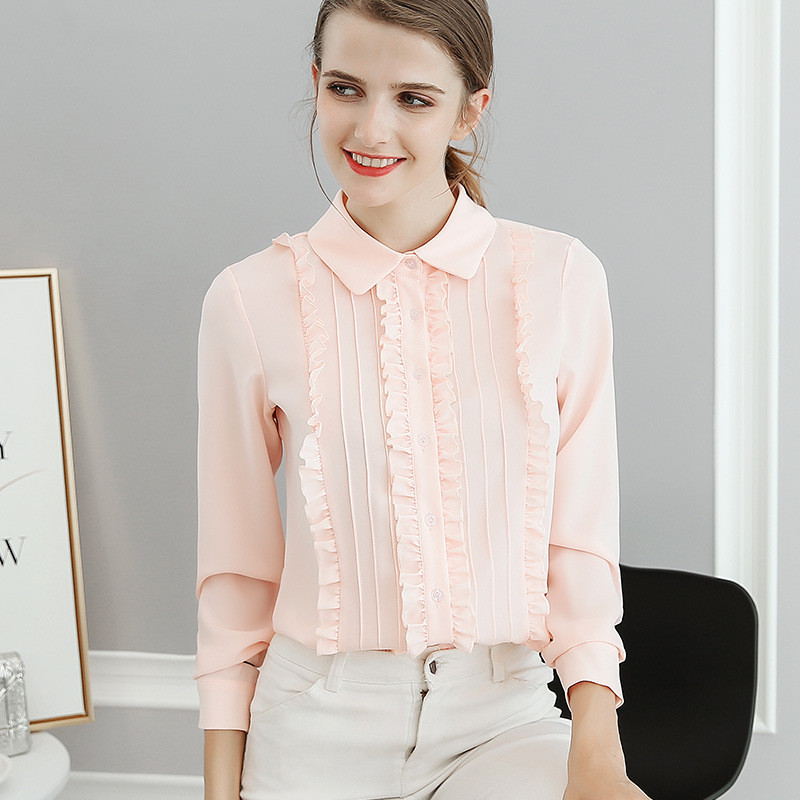 Nauji ilgomis rankovėmis šifoniniai marškinėliai moteriški plonos grynos spalvos pavasario vasaros palaidinė Moteriška apykaklė, madinga, saldi viršūnė H9116