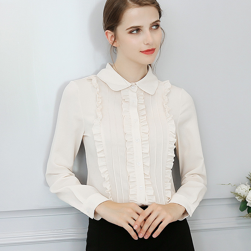 Nauji ilgomis rankovėmis šifoniniai marškinėliai moteriški plonos grynos spalvos pavasario vasaros palaidinė Moteriška apykaklė, madinga, saldi viršūnė H9116