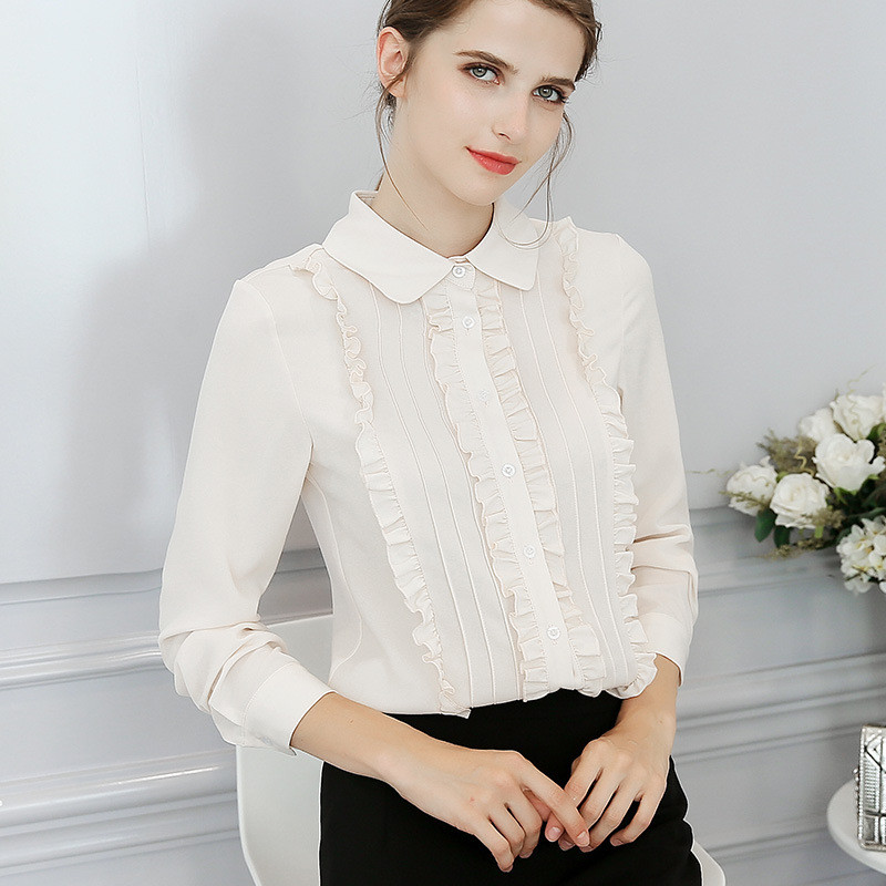 Nauji ilgomis rankovėmis šifoniniai marškinėliai moteriški plonos grynos spalvos pavasario vasaros palaidinė Moteriška apykaklė, madinga, saldi viršūnė H9116