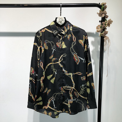 Νέα ευρωπαϊκή μόδα γυναικεία φαρδιά γυριστή γιακά με μακρύ μανίκι αλυσίδες πεταλούδας με στάμπα υφασμάτινο πουκάμισο μπλούζα oversize τοπ