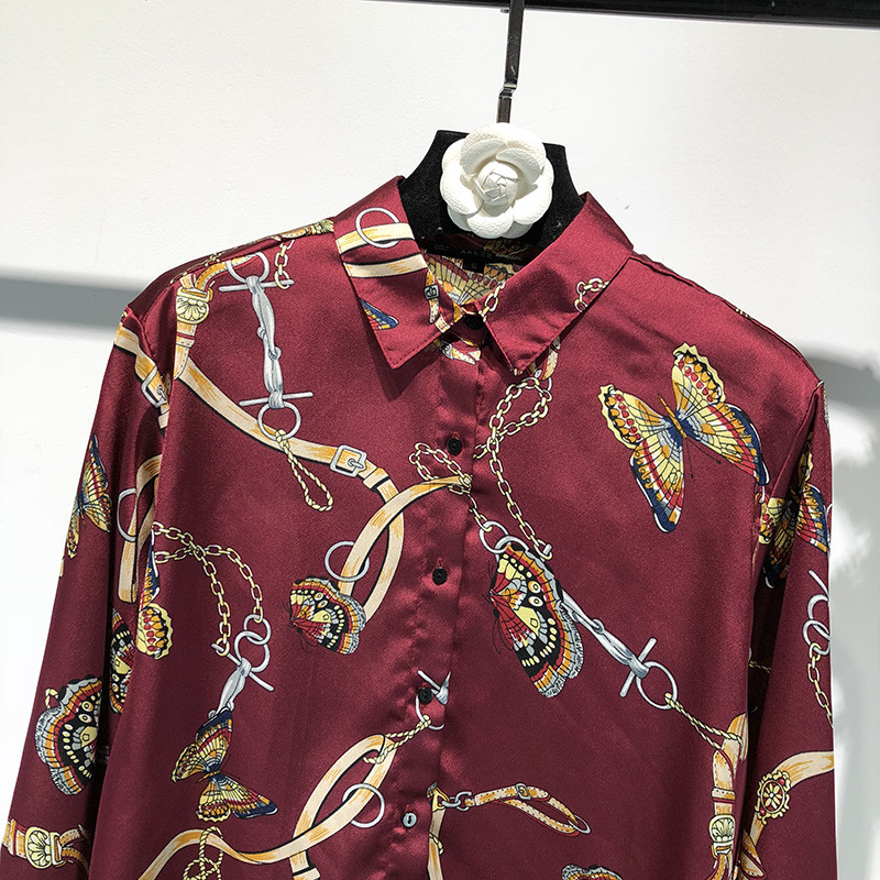 Νέα ευρωπαϊκή μόδα γυναικεία φαρδιά γυριστή γιακά με μακρύ μανίκι αλυσίδες πεταλούδας με στάμπα υφασμάτινο πουκάμισο μπλούζα oversize τοπ