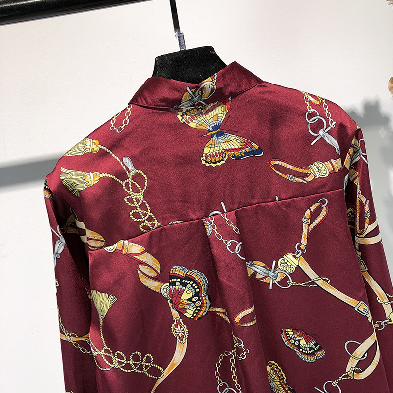 Νέα ευρωπαϊκή μόδα γυναικεία φαρδιά γυριστή γιακά με μακρύ μανίκι αλυσίδες πεταλούδας με στάμπα υφασμάτινο πουκάμισο μπλούζα oversize τοπ