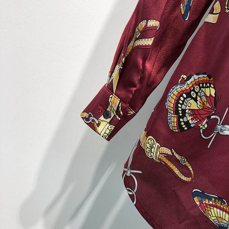 Νέα ευρωπαϊκή μόδα γυναικεία φαρδιά γυριστή γιακά με μακρύ μανίκι αλυσίδες πεταλούδας με στάμπα υφασμάτινο πουκάμισο μπλούζα oversize τοπ